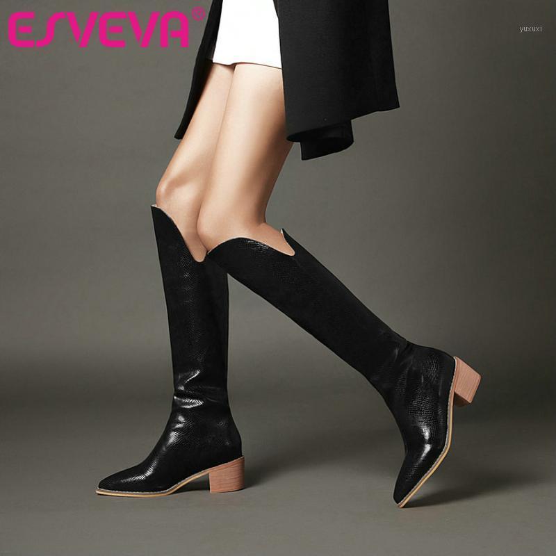 

ESVEVA 2021 Fashion Square Med Heel PU+Leather Knee High Boots Women Boots Shoes Western Style Slip On Size 34-431, Black