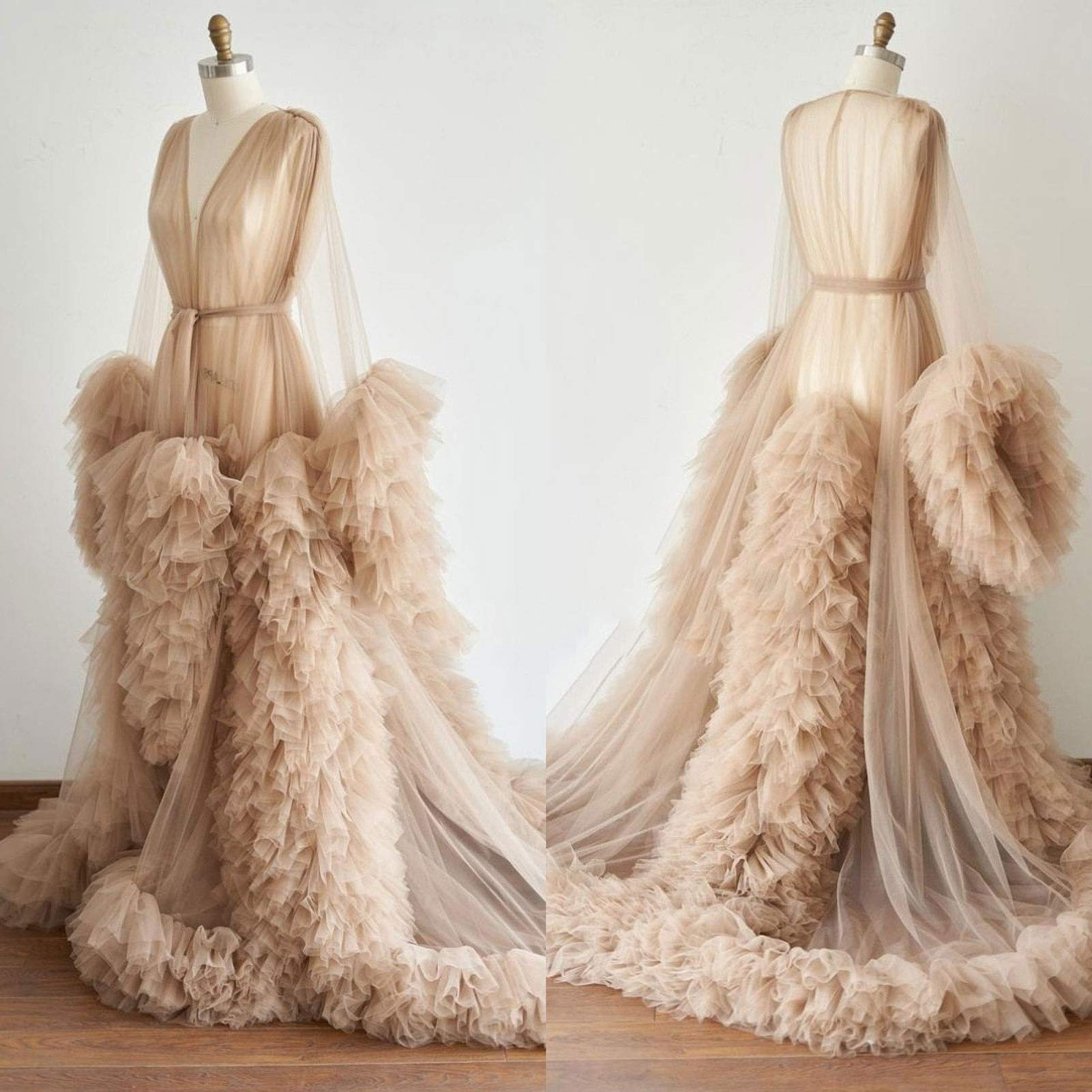 

Women's Bathrobe Flare Sleeves Feather Robe Nightgown Tulle Illusion Long Bridal Wedding Scarf Pajamas