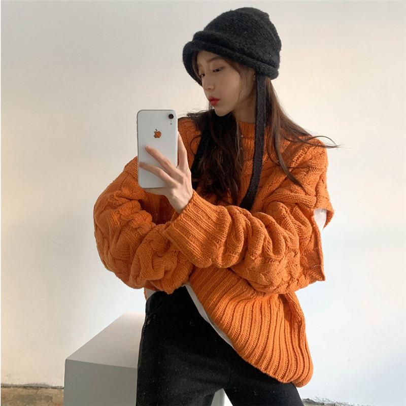 

wind break hole design loose casual all-match thick pullover sweater 2020, Photo color