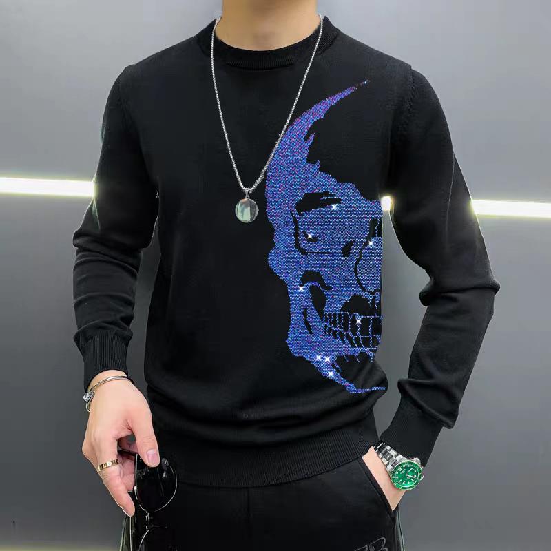 

Trend Unique Gradient Color Hot Diamond Skull Men's Thick Sweater Top Design Pullover Plus Size Sweatshirt, As shown asian size