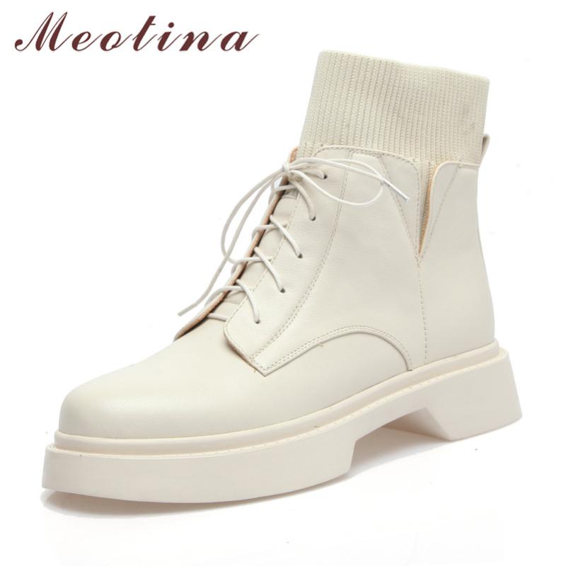 

Meotina Ankle Boots Women Shoes Genuine Leather Platform Flat Short Boots Round Toe Cross Tied Ladies Autumn Winter Black, Black synthetic lin