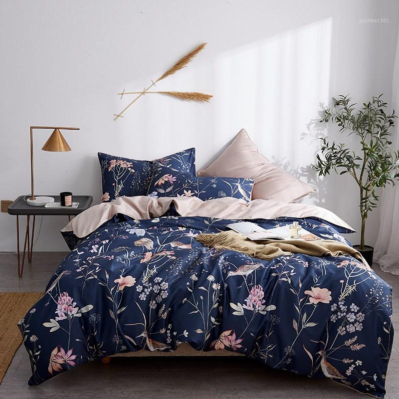

Blue queen size Egyptian cotton bedding set Satin floral print bedclothes pastoral home texitle bed linen1, As pic