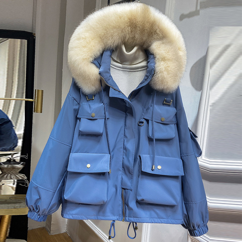 

2021 New Real Natural Foxskin Collar Winter under Coat Women's Jackets Short Oversize Thick Hot with Hood Down Parkas AEVA, Green.
