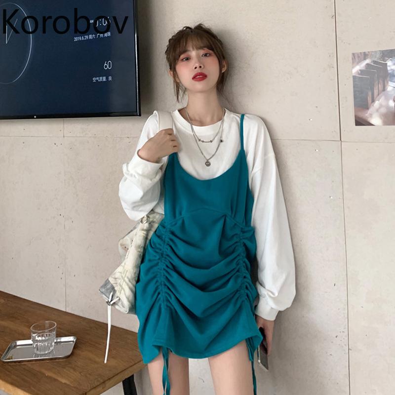 

Korobov Fake Two Piece Splicing Dress 2020 New Design Sense Drawstring Korean Version Loose Small Casual Skirt Women, Black