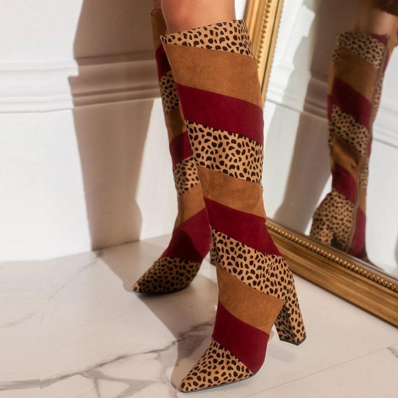 

Women Shoes Autumn Winter Knee High Boots Sexy Leopard Mixed Colors High Heels Pointed Toe Ladies Long Boots Zapatos Mujer, Black
