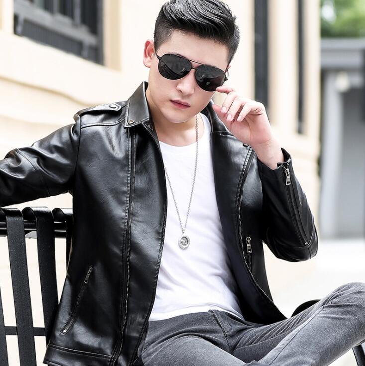 

Autumn mens leather jacket lapel slim motorcycle coat men jackets clothes spring jaqueta de couro street fashion black