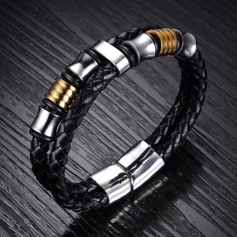 

Men's Braided Leather Wrap Bracelet with Stainless Steel Gold Beads Charm