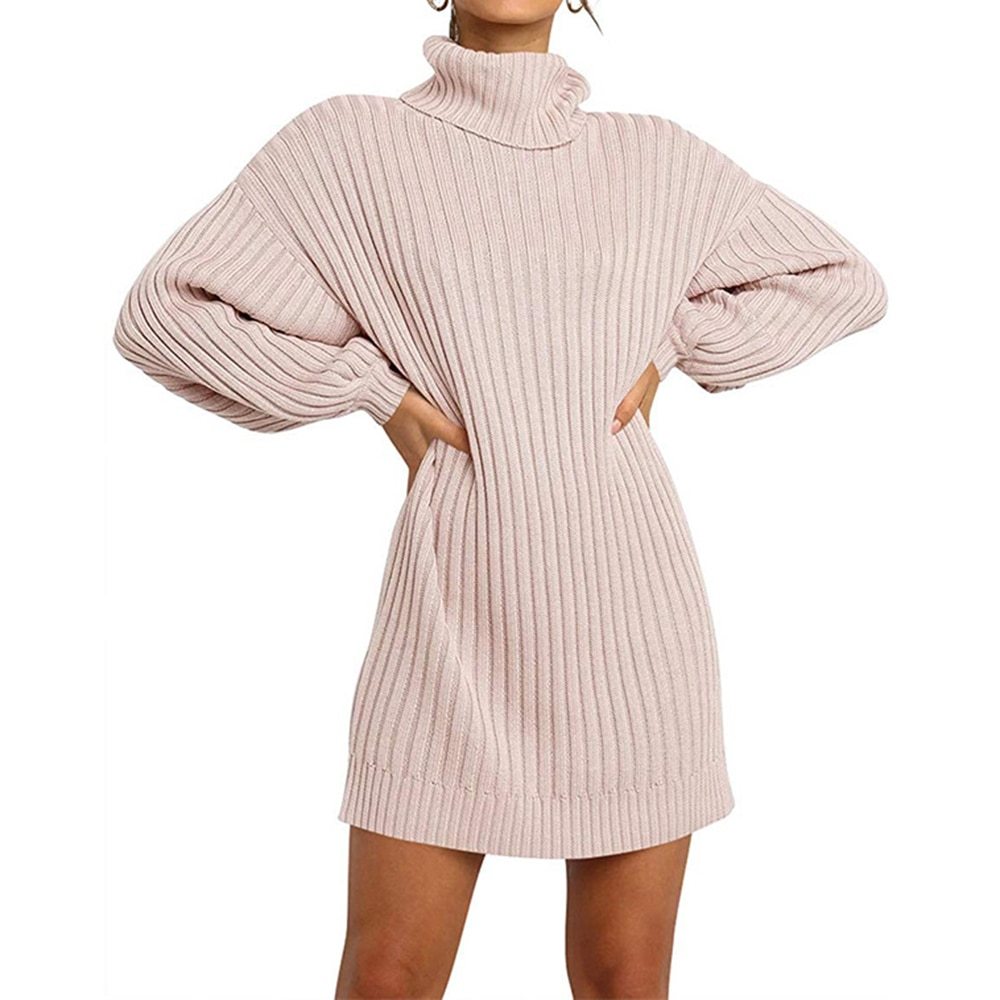 Women's Autumn Winter Dress Sweater Knitted Dress Slim High Neck Puffy Long Sleeve Dress Sexy Ladies Party Vestidos 2021 Fashion F1215