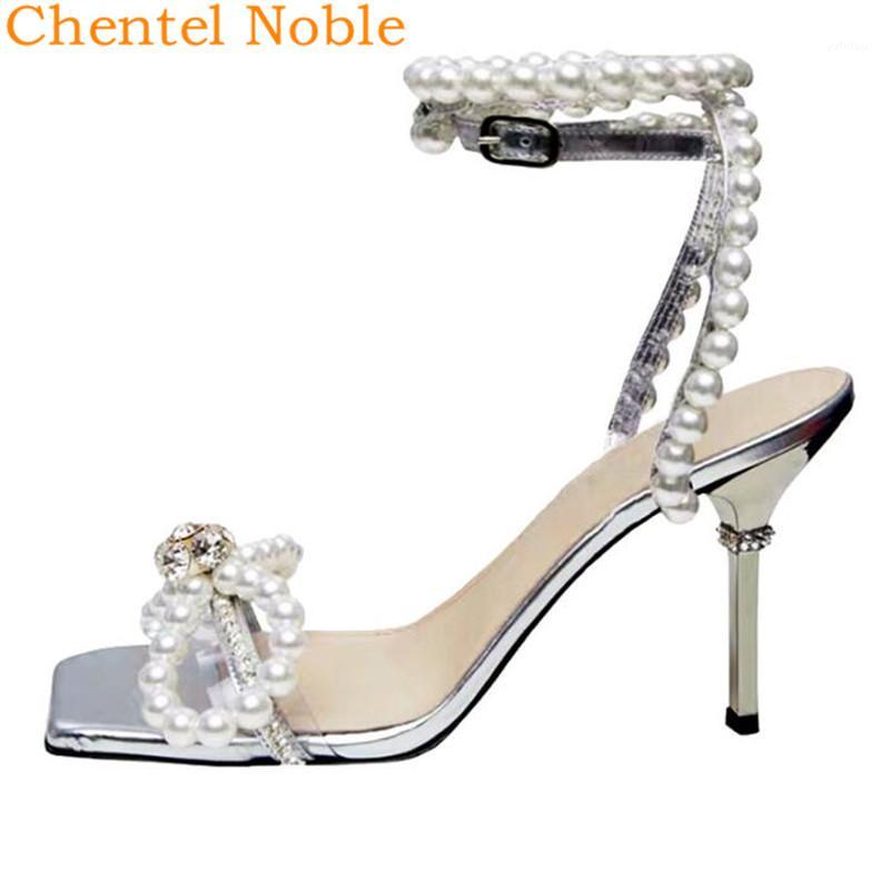 

2020 Newest Pearl Rhinestones High Heel Buckle Sandals Square Toe Summer Shoes Embellished Bead Fairy Style Women Sandals1, As picture