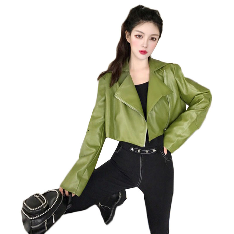 

2021 Spring Short Women New Loose High Waist Motorcycle Zipper Coat Female Soft Slim Biker Pu Leather Jacket Y46 Egxe, Black