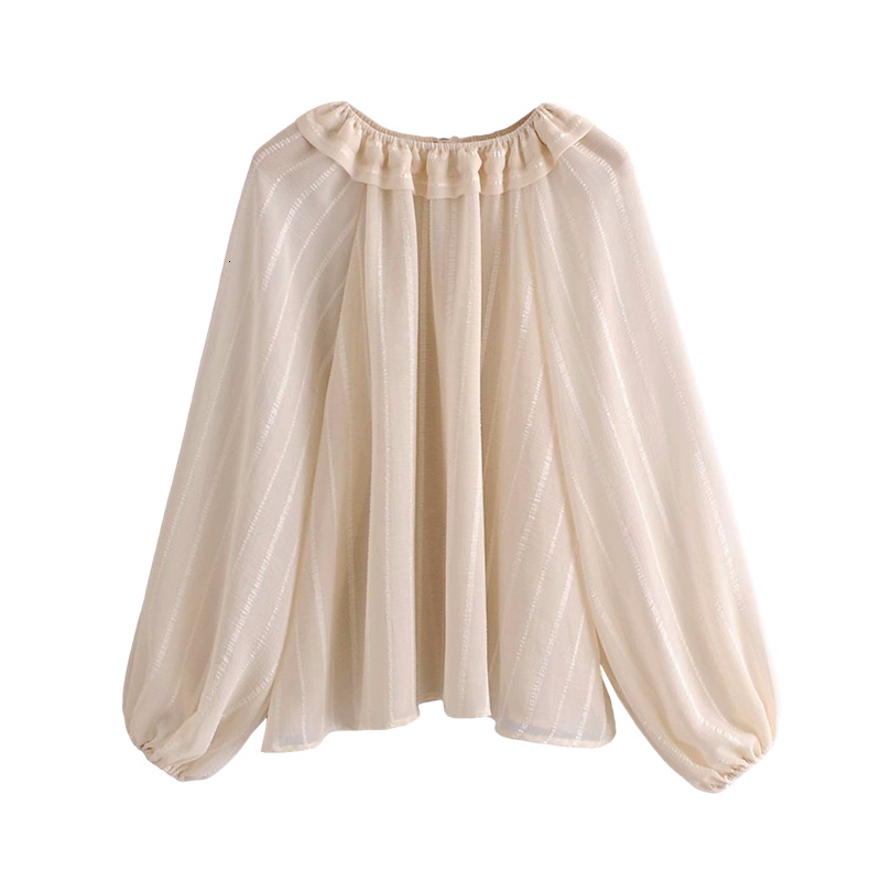 

2021 New Elegant Women Chiffon Beige Striped Shirts Fashion Ladies Ruffles O-neck Tops Sweet Female Chic Loose Lantern Sleeve Blouse Subv
