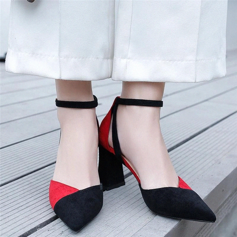 

2020 Summer Mixed Color Flock Women Pointed Thick High Heel Sexy Ladies Sandals Ethnic Female Single Shoes Super High Shoes #TJ6Q
