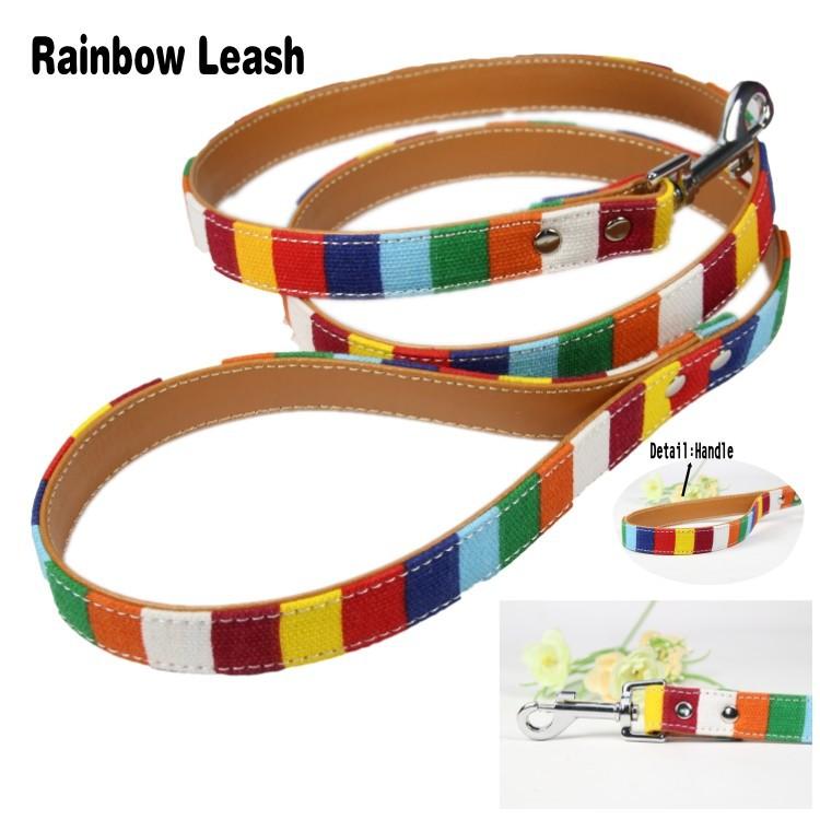 

1 piece / lot ) Pet Dog Leash Size  1.5*120cm M 2.0*120 cm L 2.5*120cm Soft Canvas Cloth Pu Leather Material Rainbow Dog Lead