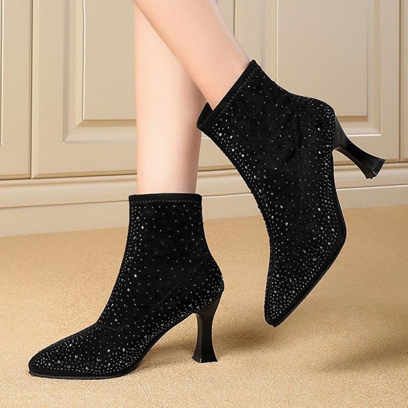 

2020 Autumn Winter Women Bling Knitting High Heels Ankle Boots Crystal Pointed Toe Dress Shoes Stiletto Ladies Botas mujer 8404N, Gray