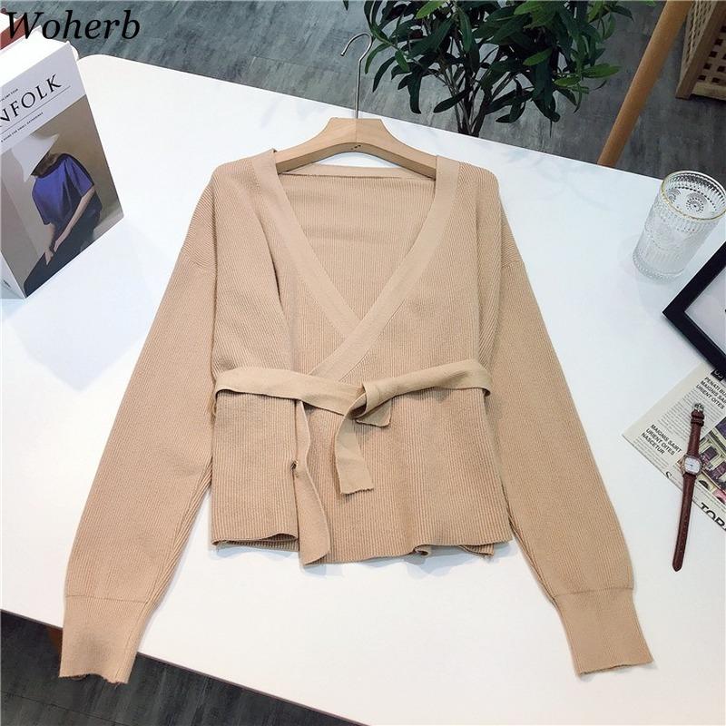 

Woherb 2020 Vintage Knitted Cardigan Cardigan Fall Clothes Coat V-neck Lace Up Sweaters for Women Temperament Sueter Mujer 4F703, Black