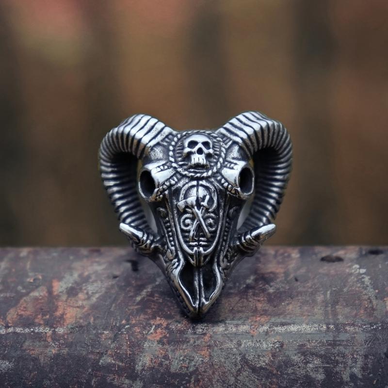 

EYHIMD Evil Sacrifice Sorcerer Goat Head Mask Skull Rings Mens Punk Rock 316L Stainless Steel Ring Demon Biker Jewelry