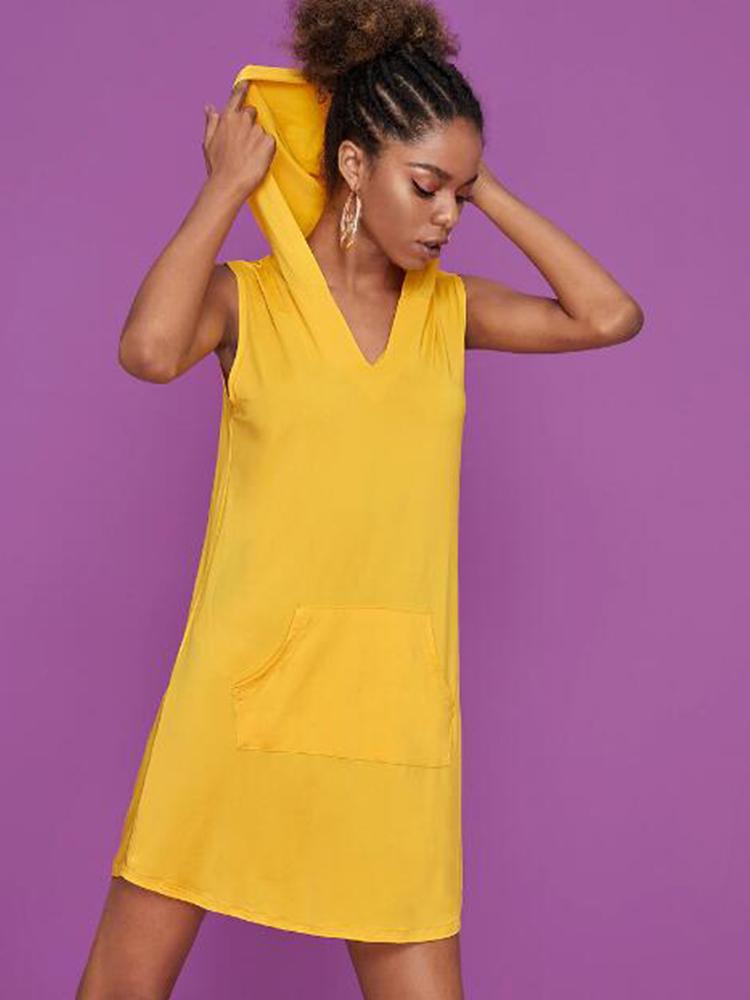 

Summer Hot Sale Women' Dress Solid Color Sleeveless Hooded Explosion Style Fashion Street Pocket Straight Dress Women2020, Yellow