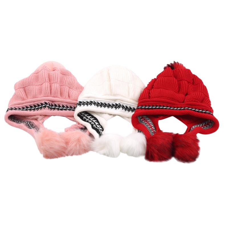 

Girls Thicken Ski Snow Cap New Fashion Fur PomPoms Winter Women Beanie Hats Female Skullies Warm Gloves + Knit Hat Set, Pink