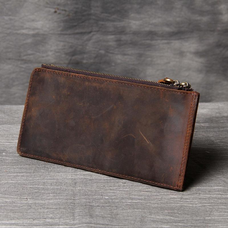 

high quality cow genuine Crazy horse leather men wallets 2021 long style two zipper Pockets Brown color fashion male purse, Mocha