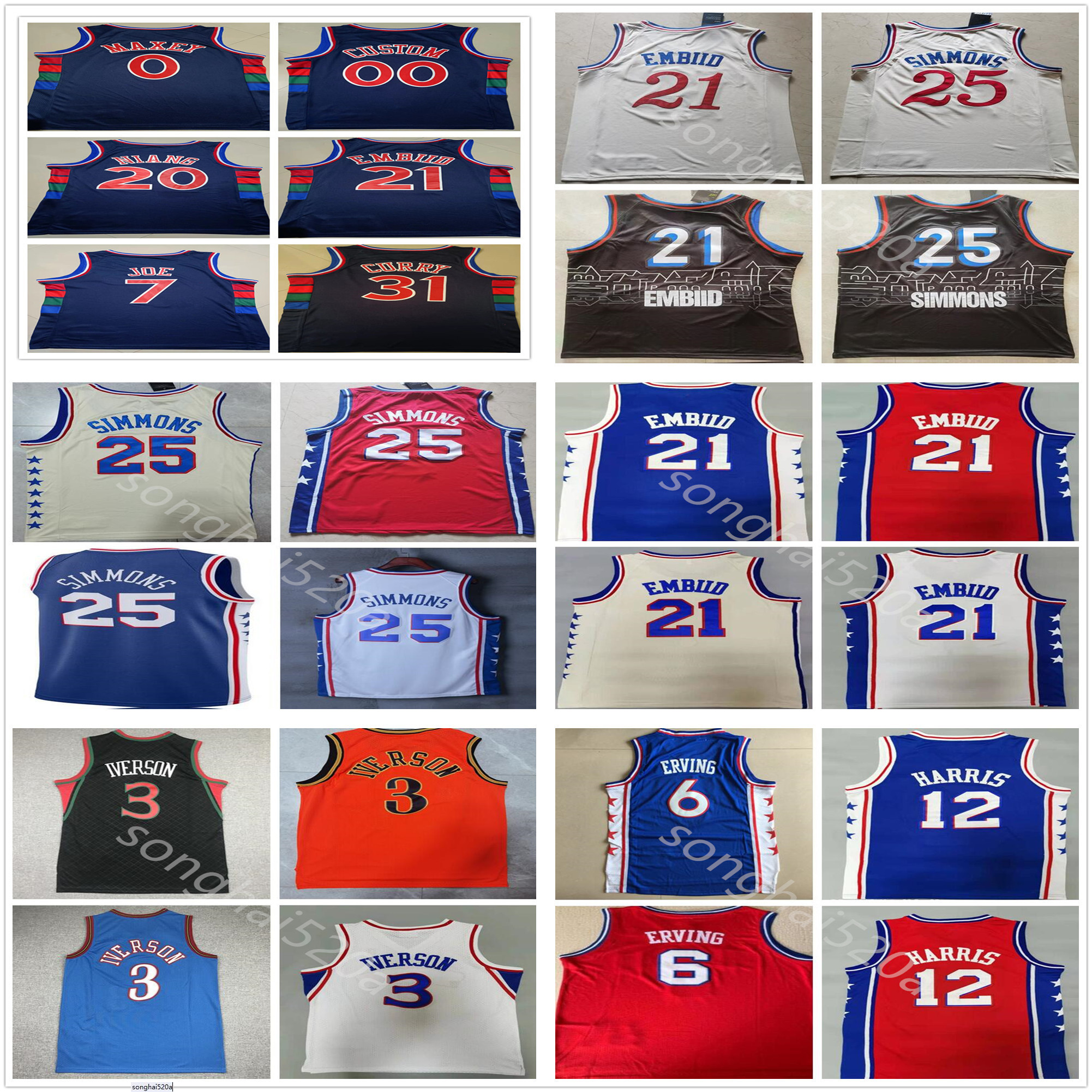 

Philadelphia''76ers''Joel 21 Embiid Allen 3 Iverson Basketball 0 Maxey 7 saiah Joe Georges Niang Ben 25 Simmons julius''Nba''Jersey, Wine red