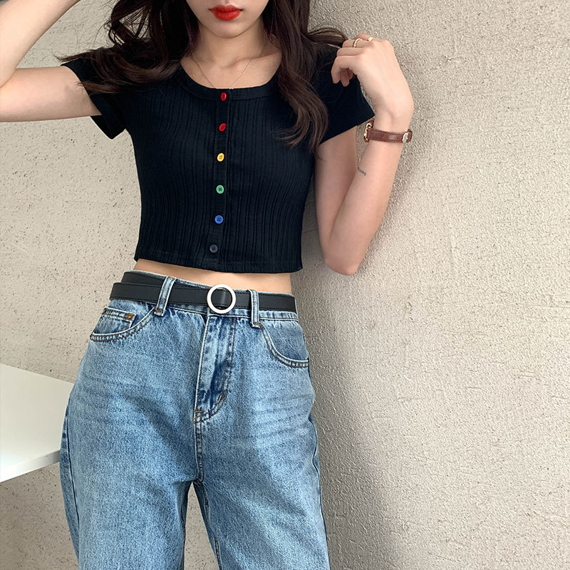 

2021 New 2 colors summer button color short sleeve design women's T-shirt tops (x1329) D06H, White