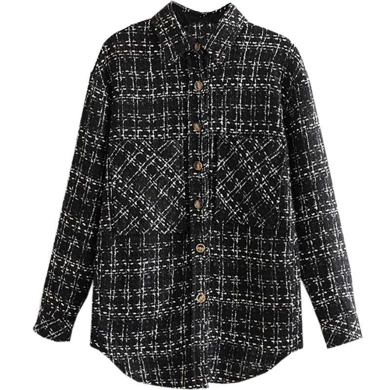 

Fashion Pocket Plaid Retro Tweed Shirt Spring and Autumn New Lapel Loose Lapel Mid-length Plaid Shirt Jacket Women Office Lady, Black