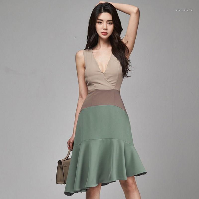 

LLZACOOSH 2020 Women Solid Irregular Dress England Style V-Neck Sleeveless Patchwork Mermaid Empire Slim Summer Mid-calf Dresses1, Picture color