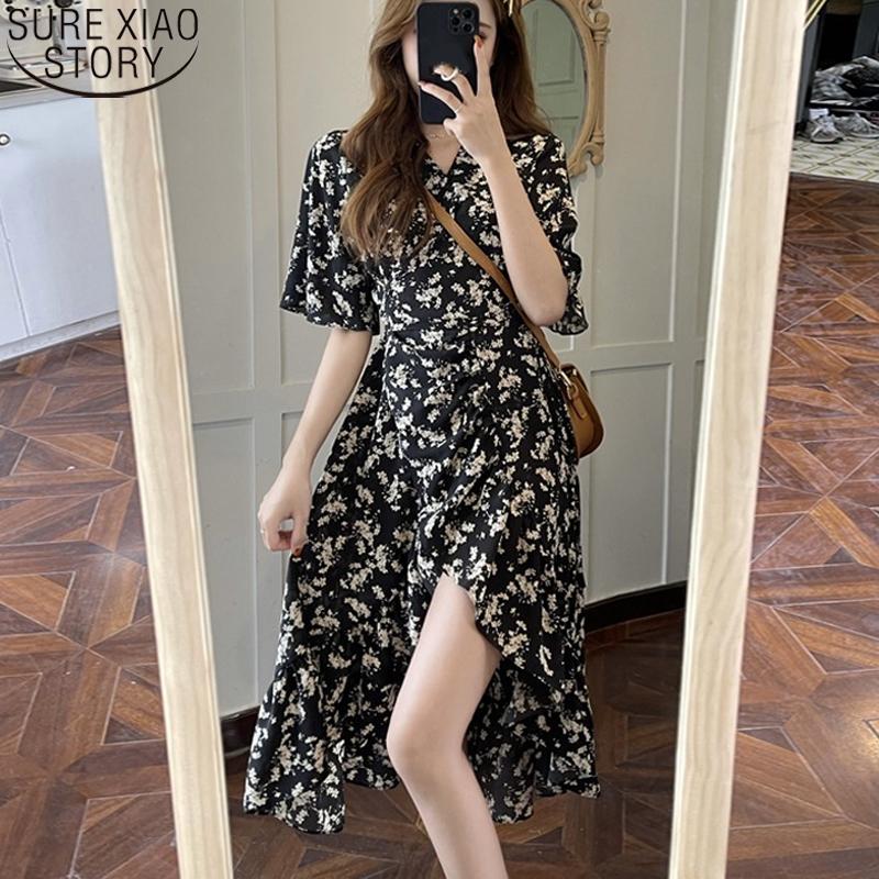 

Casual Dresses Vintage Midi Long Dress 2022 Plus Size Summer Women Temperament V-neck Floral Print High Wasit Vestidos 14498, Black;gray