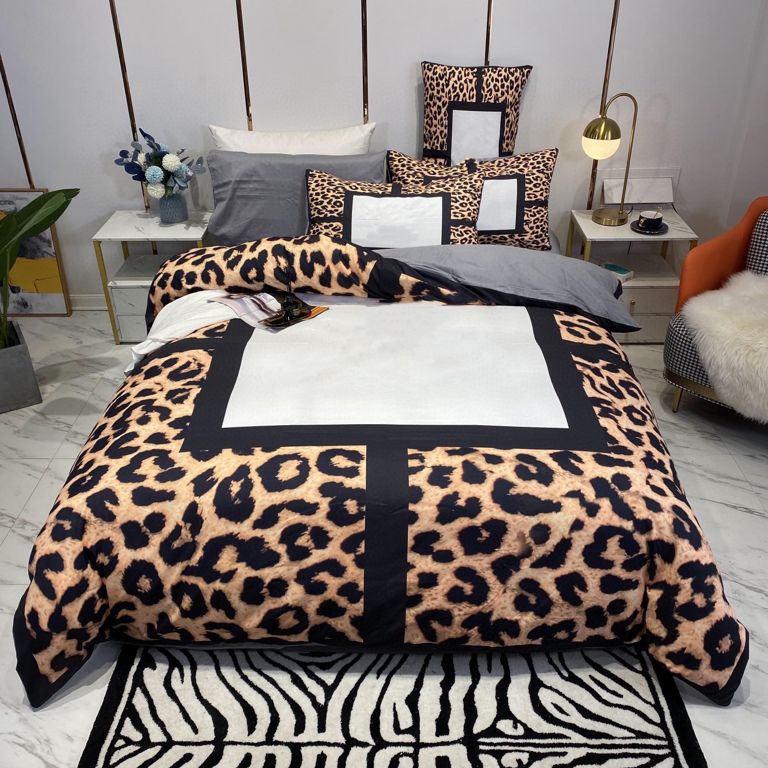 

designer bedding sets letter printed  King size duvet cover bed sheet with pillowcases fashion Luxury comforter, Leopard