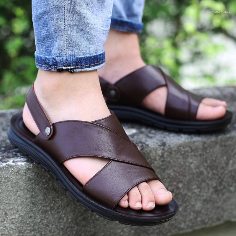 

Men Sandals Genuine Leather Slippers Men Open Toe Beach Shoes Casual Shoes Thick Slip Slippers Summer Male1, Bw