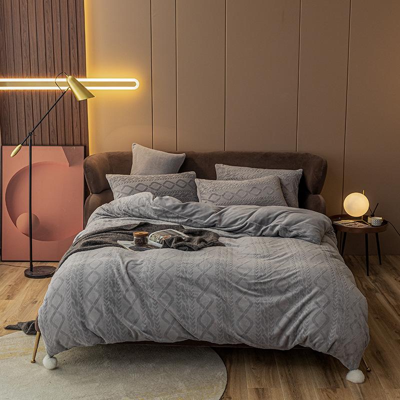 

Home Textile Four-Piece Coral Fleece Duvet Cover Pure Color Simple Duvet Bed Linen Set Pillowcase Bedding Set, 04