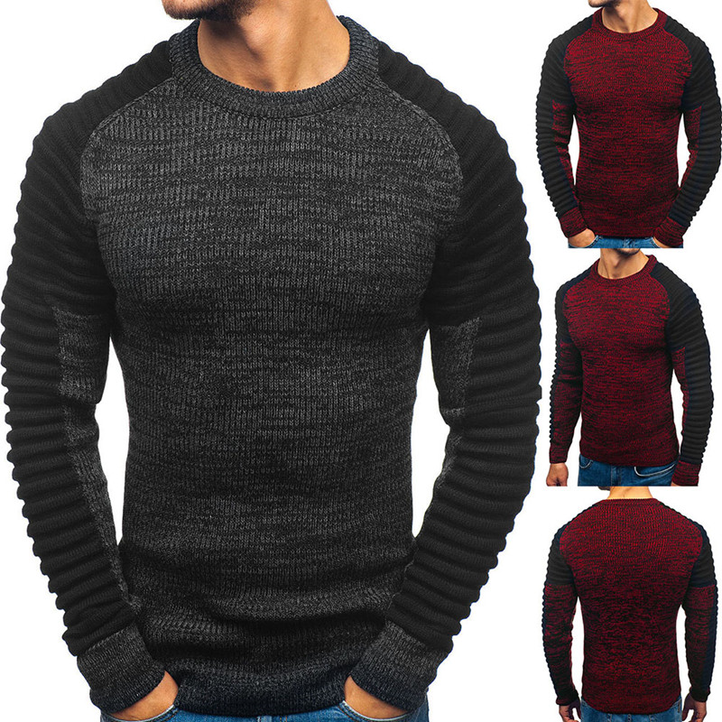 

Men Clothing 2020 Men's Fashion Turtleneck Rotator Cuff Striped Pleat Matching Color Sweater Pull-over Sweater, Red