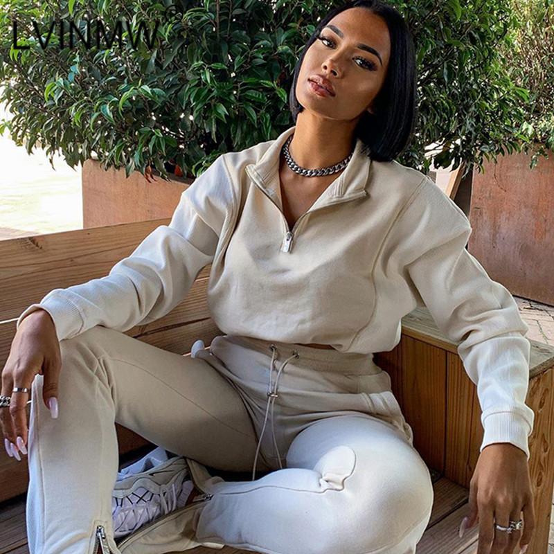 

LVINMW Sports Casual Fashion Slim Solid Two Piece Set Women O Neck Long Sleeve Zip Up Waisted Tops Drawstring High Waist Pants, Beige