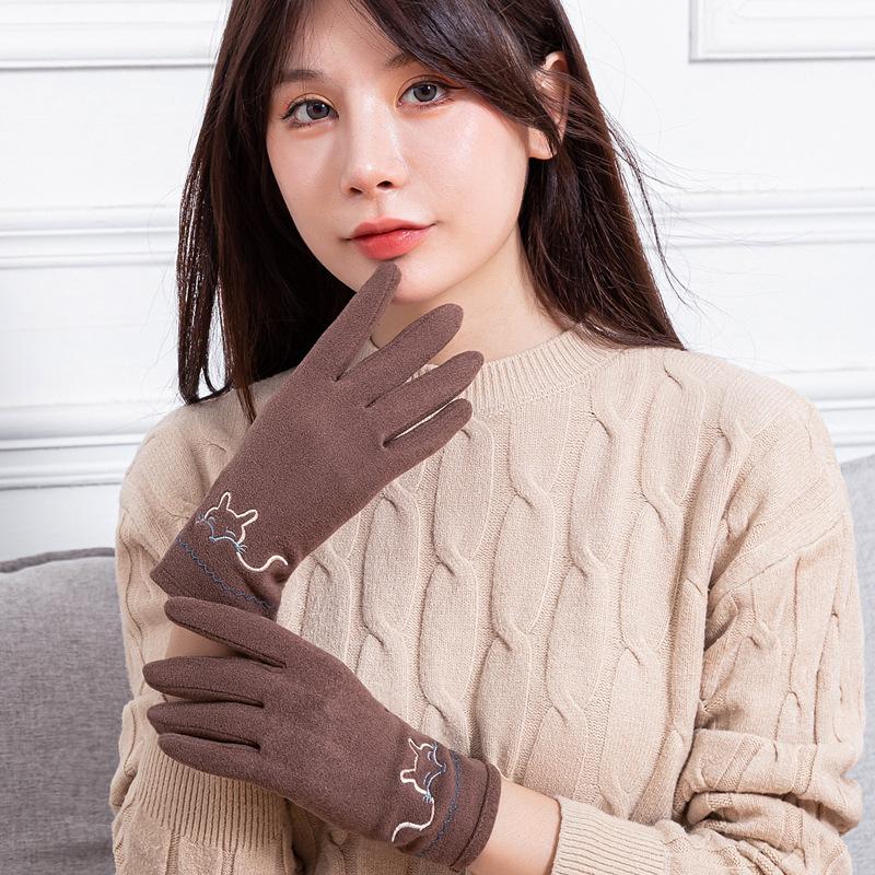 

Women Autumn And Winter Thin Section Single Layer Keep Warm Touch Screen Gloves Female Cute Lovely Cartoon Embroidery Soft