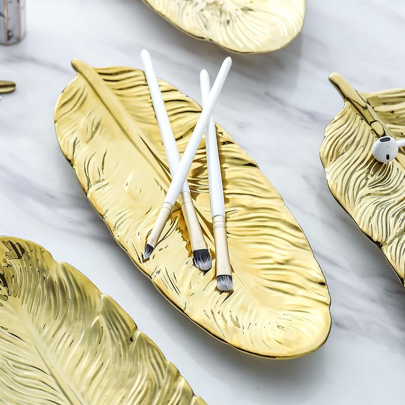

Other Bakeware Gold Ceramic Plate Gold-plated Feather Tray Cake Jewelry