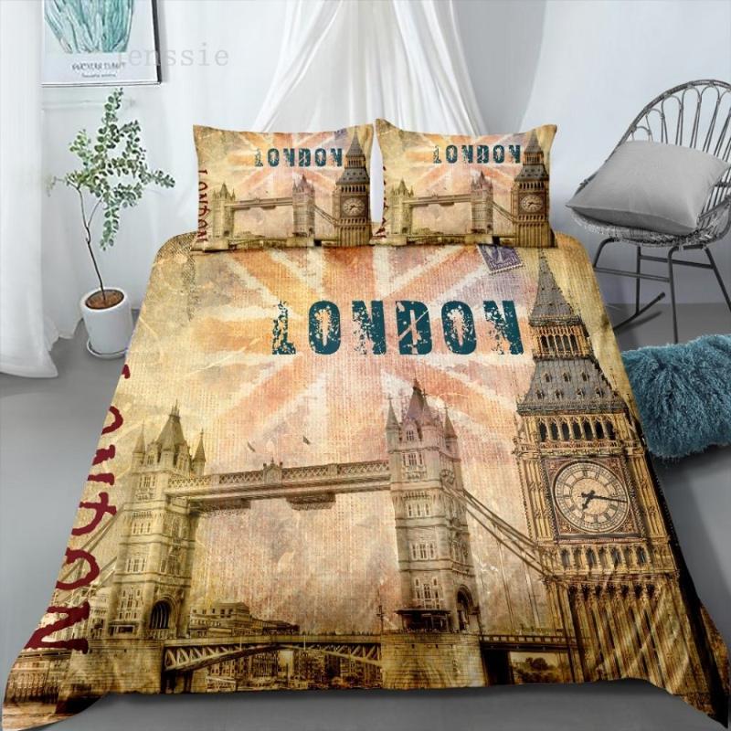 

Bedroom Quilt Cover Print Retro British City Scenery Sailboat Oil Painting Duvet Cover Set Boys Girl Single Double Bedding Set, As picture