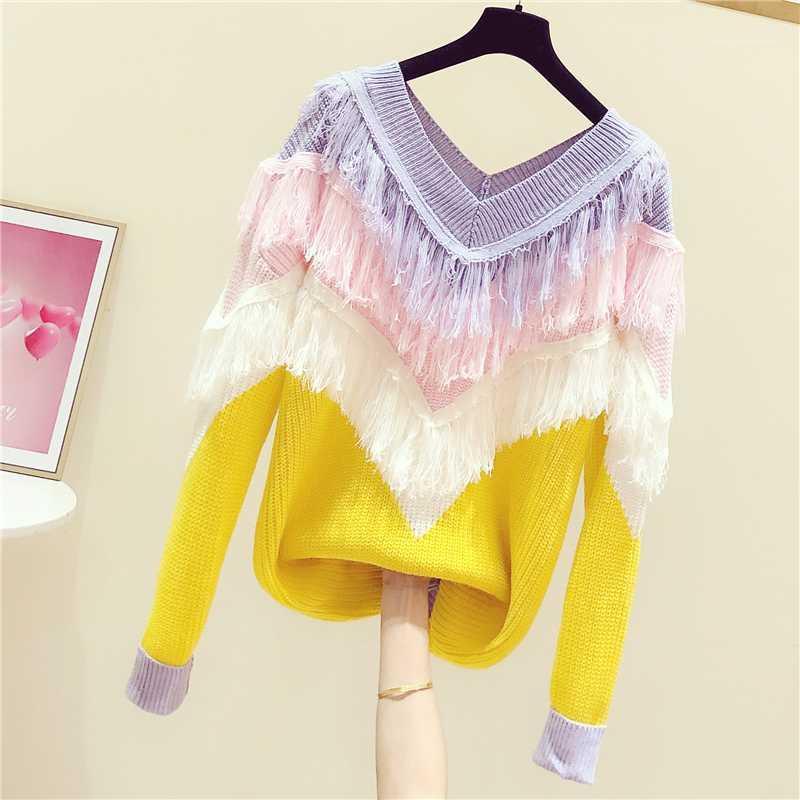 

2020 Spring Sweater Woman Korean Style New Contrast Fringe V-neck Color Sweater Women' Casual Long Sleeve Knit Top Jumper Femme1, Yellow