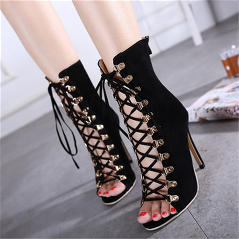 

2021 New Sexy Autumn, Chains, Straps, Heels, Sandals, Lace Up Ankle, Strapped to Women's Shoes. IMO3, Black