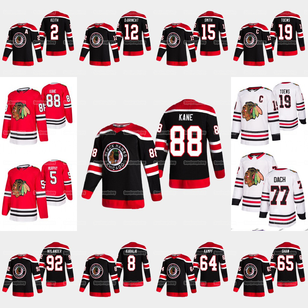 

Chicago Blackhawks 2021 Reverse Retro Patrick Kane 19 Jonathan Toews 77 Kirby Dach 2 Duncan Keith 12 Alex DeBrincat 7 Brent Seabrook Jersey, Black;red