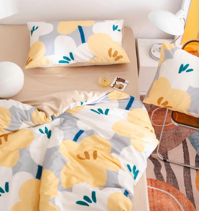 

Pastoral yellow flower bedding set, full queen king 60s cotton single double home textile bed sheet pillow case duvet cover, Picture color