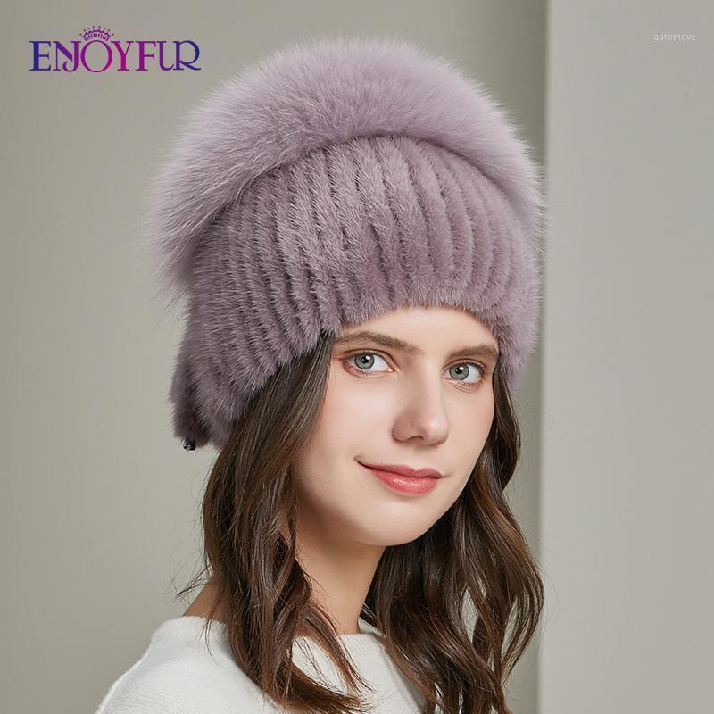 

ENJOYFUR Winter Women Mink Hats Natural Fur Warm Earflap Bonnets Fashion Cute Fur Tail Female Windproof Ski Beanies New1, 01