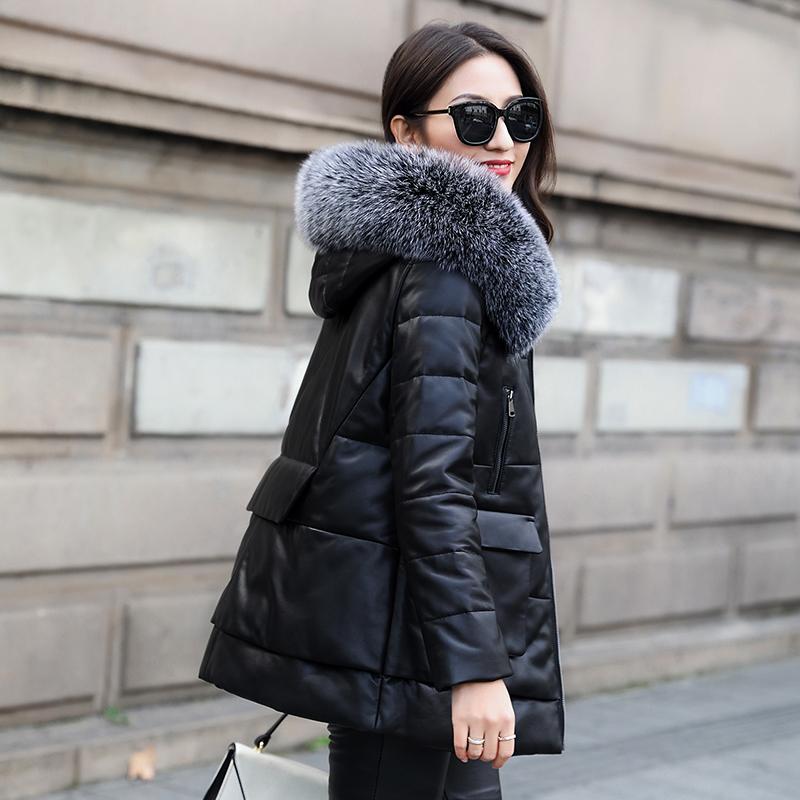 

Fashion Winter Down Leather Jacket Women Short Thick Real Fur Collar Sheepskin Coat Woman Jacket Veste En Cuir Femme WPY2148, Black