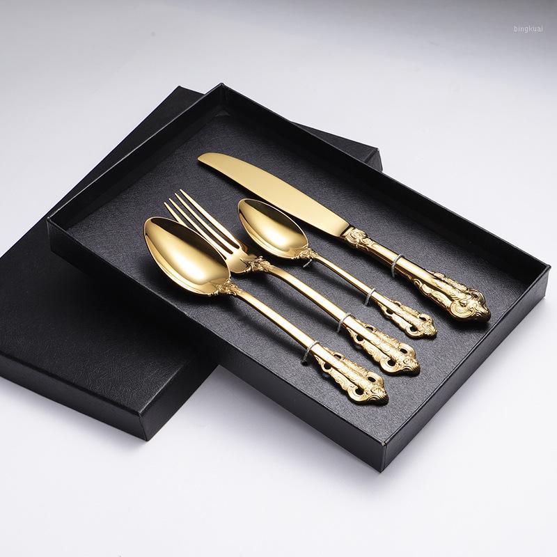 

Flatware Set Retro Cutlery Set 1/2/6/12/24 pcs 304 Stainless Steel Golden Metal Knife Fork Dinner Western Wedding Silverware1