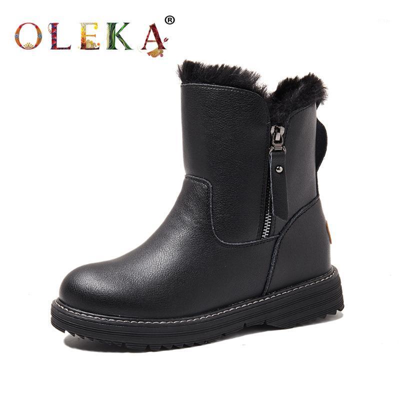

OLEKA Leather Mid-calf Winter Boots Platform Metal Decoration Round Toe Women Winter Boots Fashion Style Snow New AS6821, Black