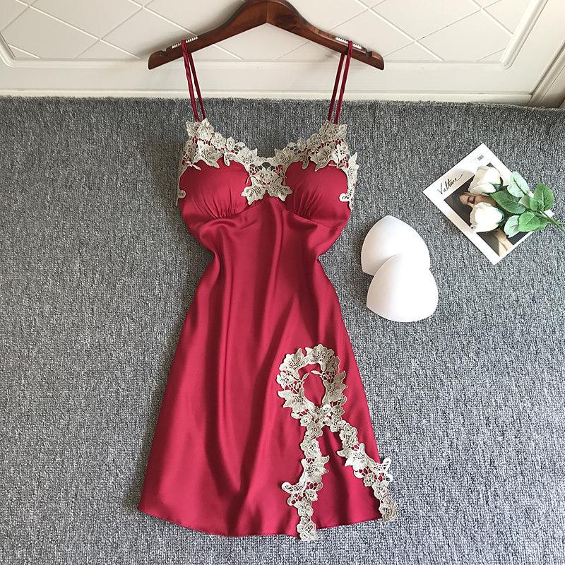 

Silky Nightdress Sexy Lace Spaghetti Strap Nightgown Women Sleepwear Nightwear 2021 Spring New Intimate Lingerie Home Clothes, Black