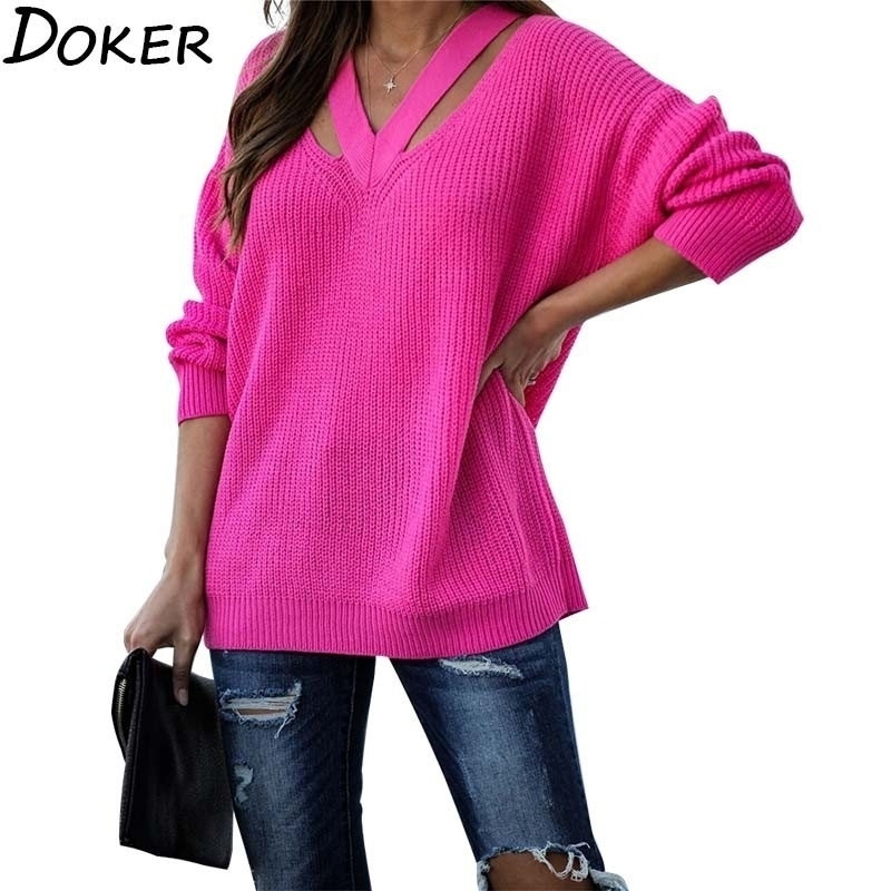 

Autumn Winter Thick Sweaters Women Fashion V-neck Long Sleeve Plus Size Loose Warm Pullover Vintage Jumper Knitted Sweater Femme 201128, Black