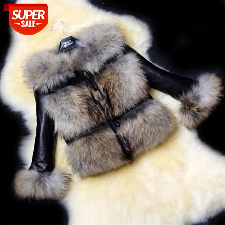 

2020 Autumn and winter faux fur short female Korean casual pu leather stitching fox fur imitation coat #O64b, Black;brown
