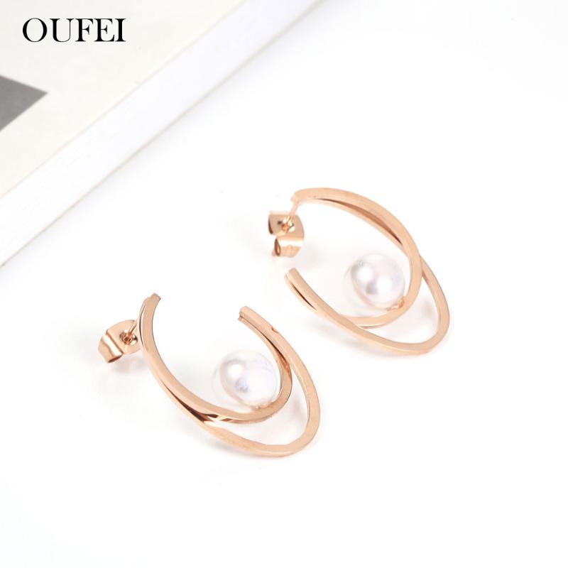 

OUFEI Rose Gold Earrings With Pearl 2021 Women Earring Fashion Jewelry Stainless Steel Earrings For Women Jewelry Accessories