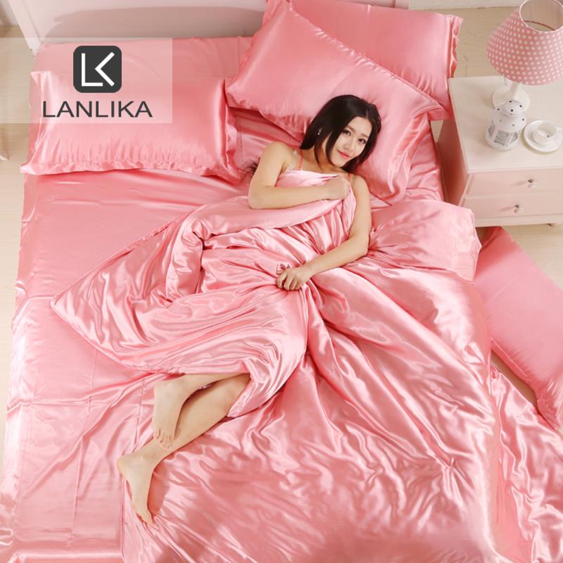 

Lanlika Luxury Light Pink Satin Silk Bedding Set Soft Duvet Cover Adult Decor Bed Linen Bedspread Home Textiles Queen King Size, 006