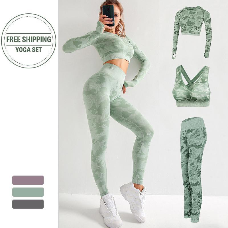 

Bra + T Shirts + Pants 3 Pcs Sexy Seamless Yoga Set Fitness Clothing Sportswear Gym Leggings Push-up Sports Bra Sports Suits1, Grey shirtset 2pcs
